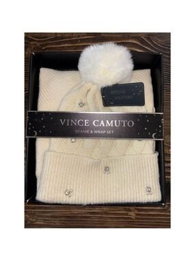 NEW Vince Camuto Gift Set- Pearl Crystal Embellish Glam Pom Hat & Cheveron Wrap